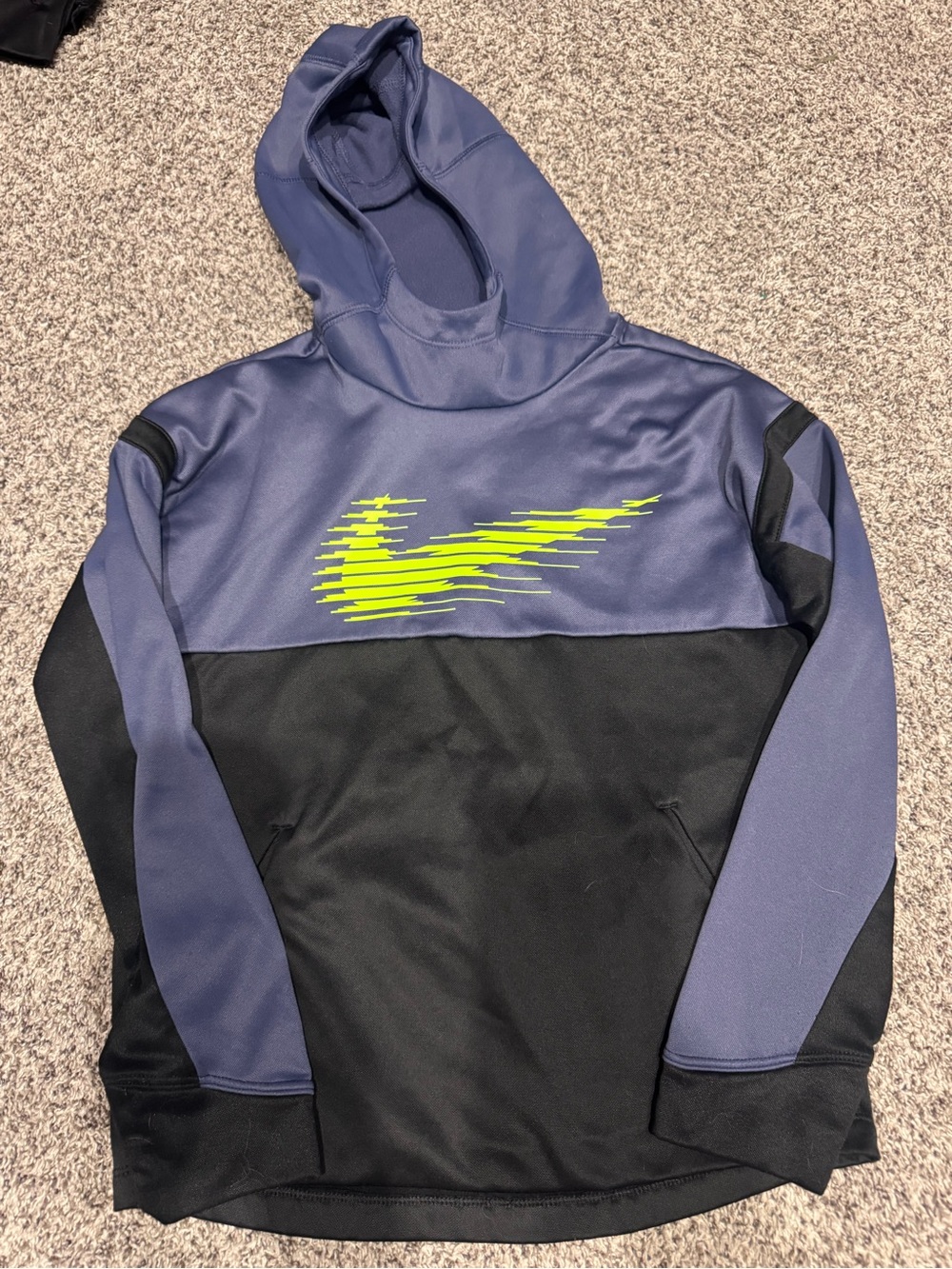 Nike Kids Colorblock Hoodie in Black and Navy with Neon Yellow Swoosh